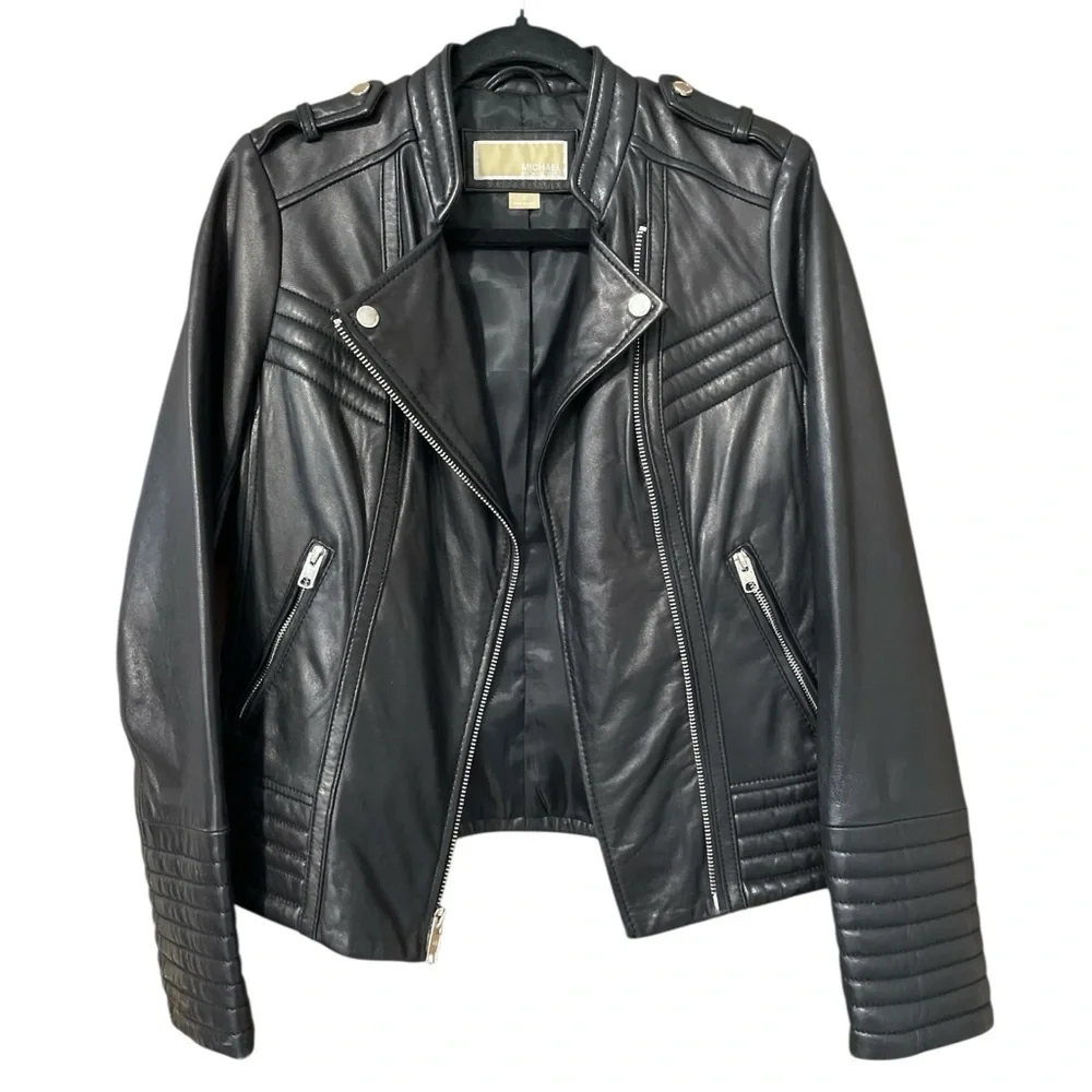 MICHAEL Michael Kors Women’s Black 100% Leather Moto Jacket Size Small - Picture 1 of 9